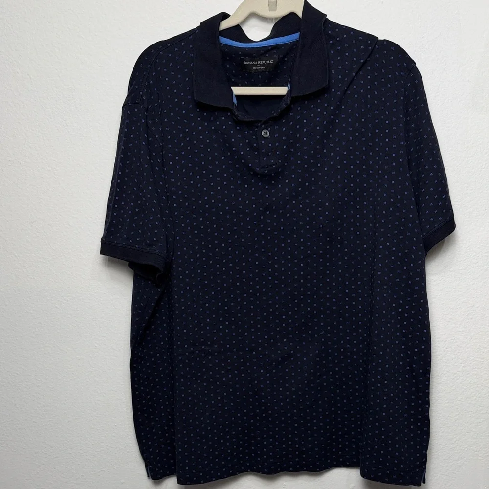 Banana Republic Mens XL Navy Blue Geometric Print Cotton Short Sleeve Dress Polo